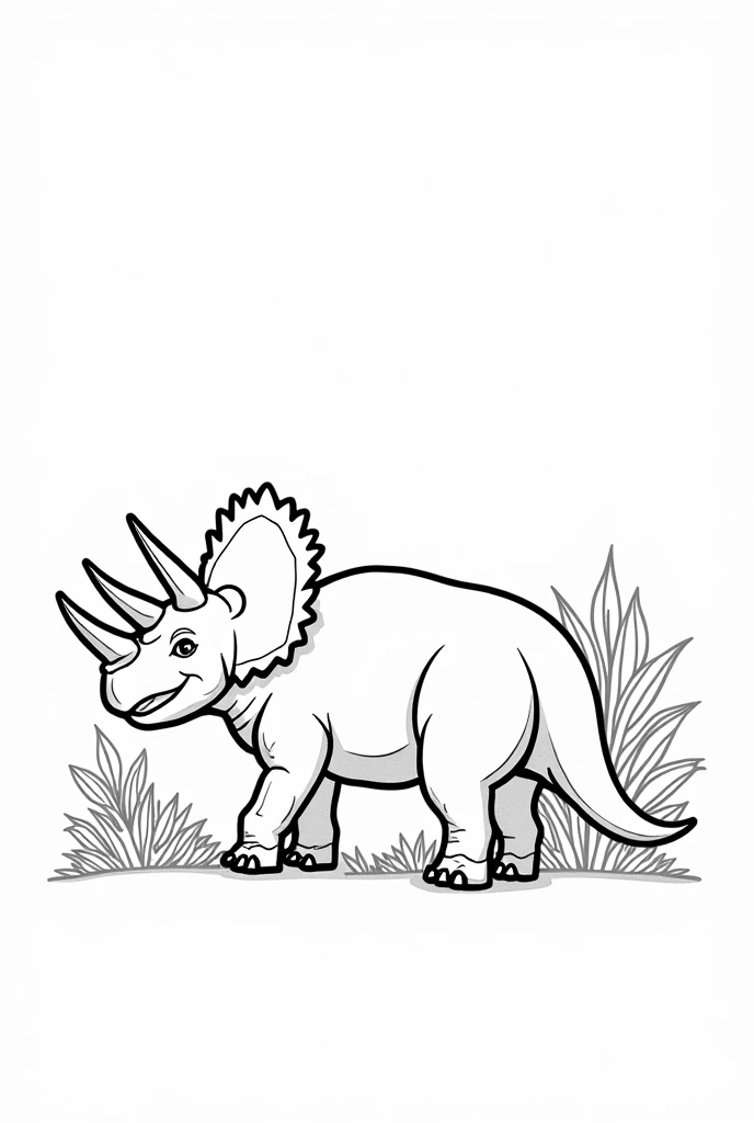 A BLANK PAGE WITH AN OUTLINED SILHOUETTE OF A TRICERATOPS IN ITS HABITAT TO COLOR