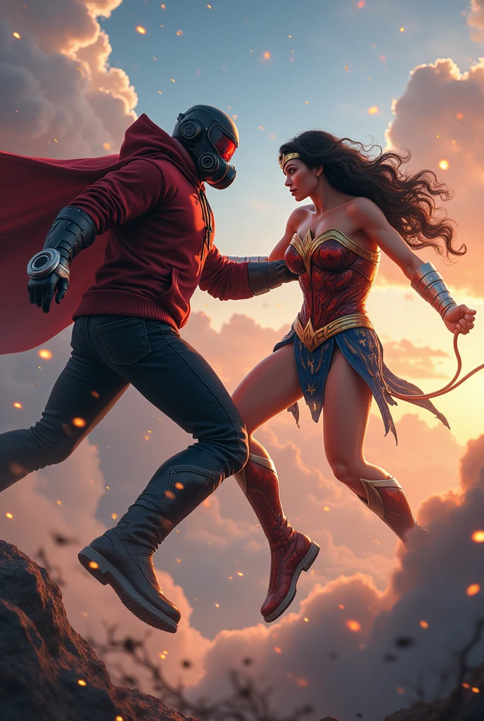 Young Star-lord with red hoodie, headphones, star-lord helmet on head, gas helmet, covered mouth, round red eyes, Red eyes, magic rings in the hands and rocket boots, Vs. Wonder woman (Big tits), Fighting, power, fiction, full body, 2 person, magic lasso, flying in the sky, hight, fall, kiss