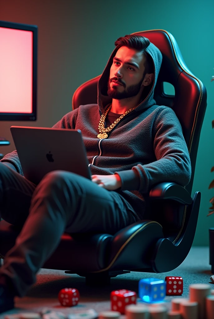 high resolution, ultra detaild), (cinematic), (ultra HD), standing alone, light skin tone outfit tracksuit set gucci,gold chain on neck , goatee on the chin and beard,sitting gamer chair macbook on lap, in the background a curved screen monitor,, 2 dice on the floor, one blue and one red, a lot of money, de casino,
