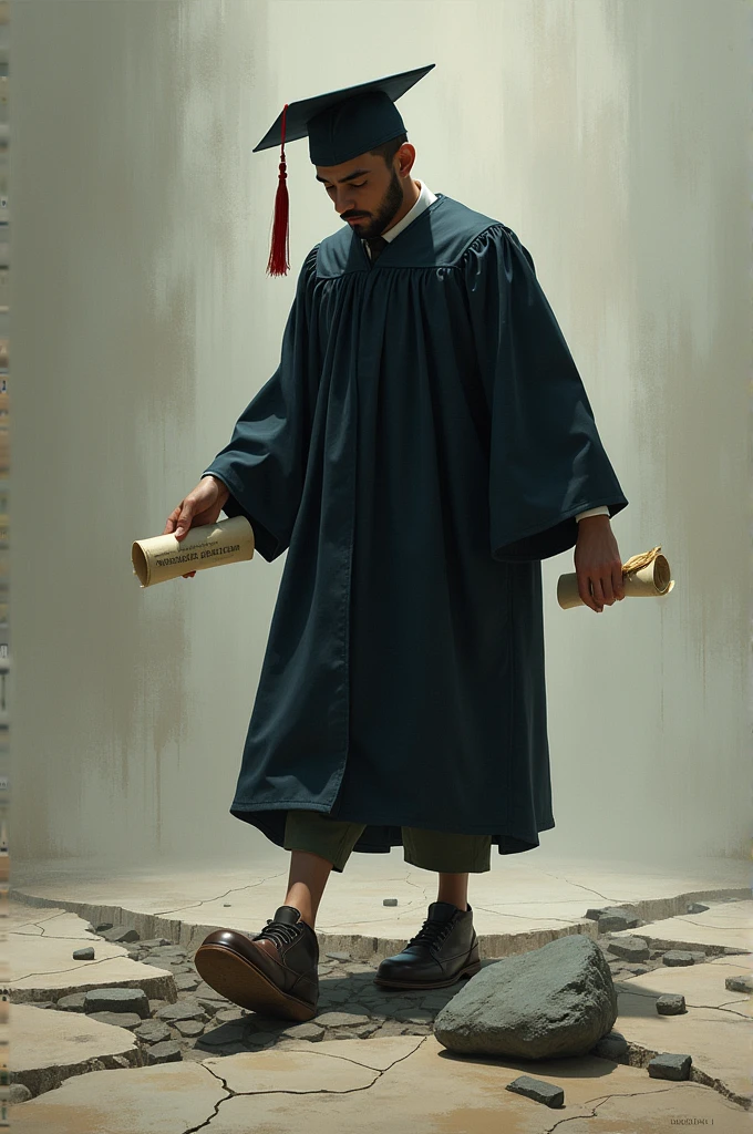 A student wearing a toque and gown is holding a diploma but the diploma is mostly light and torn. In the other hand, there was a large stone labeled 'Inadequate education' tied to his foot, preventing his progress. His feet are on a floor that breaks because of the lack of a solid foundation of knowledge.