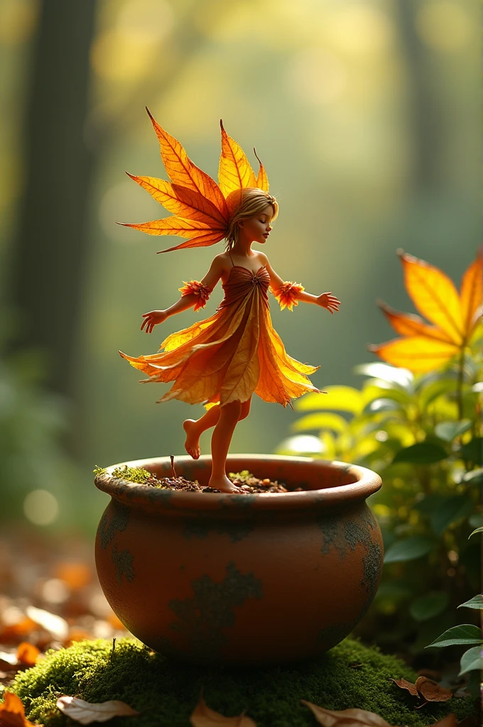 A whimsical miniature figure composed of delicately arranged autumn leaves, poised in a carefree dance on the rim of a weathered, moss-covered terracotta pot, set against a lush, vibrant forest backdrop, where dappled sunlight filters through the canopy above, casting intricate shadows. The overall aesthetic is ethereal, with warm, earthy tones of sienna, umber, and olive green, infused with hints of emerald and golden light, evoking a sense of wonder and enchantment, as if plucked from a fantastical realm.