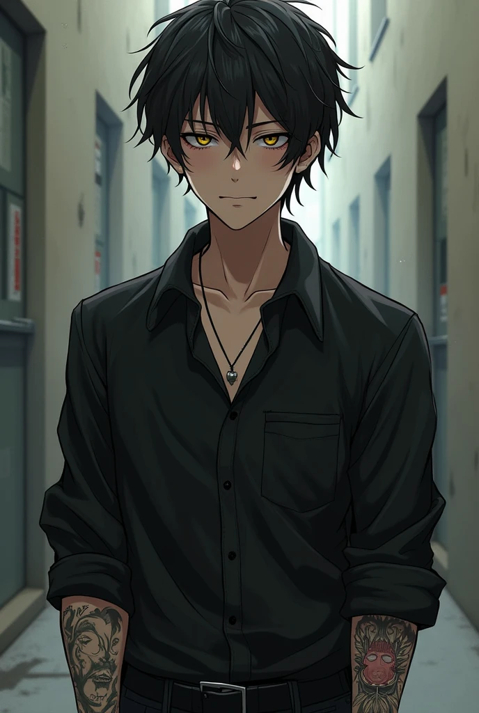 This boy's appearance and attire were different from the other first-level students.. He was wearing a black shirt with his sleeves rolled up and his wavy hair was all messy. . But what caught Lucas's attention the most was not his outfit. , if not rather the tattoos that ran along Damian's arms., mysterious anime type personality