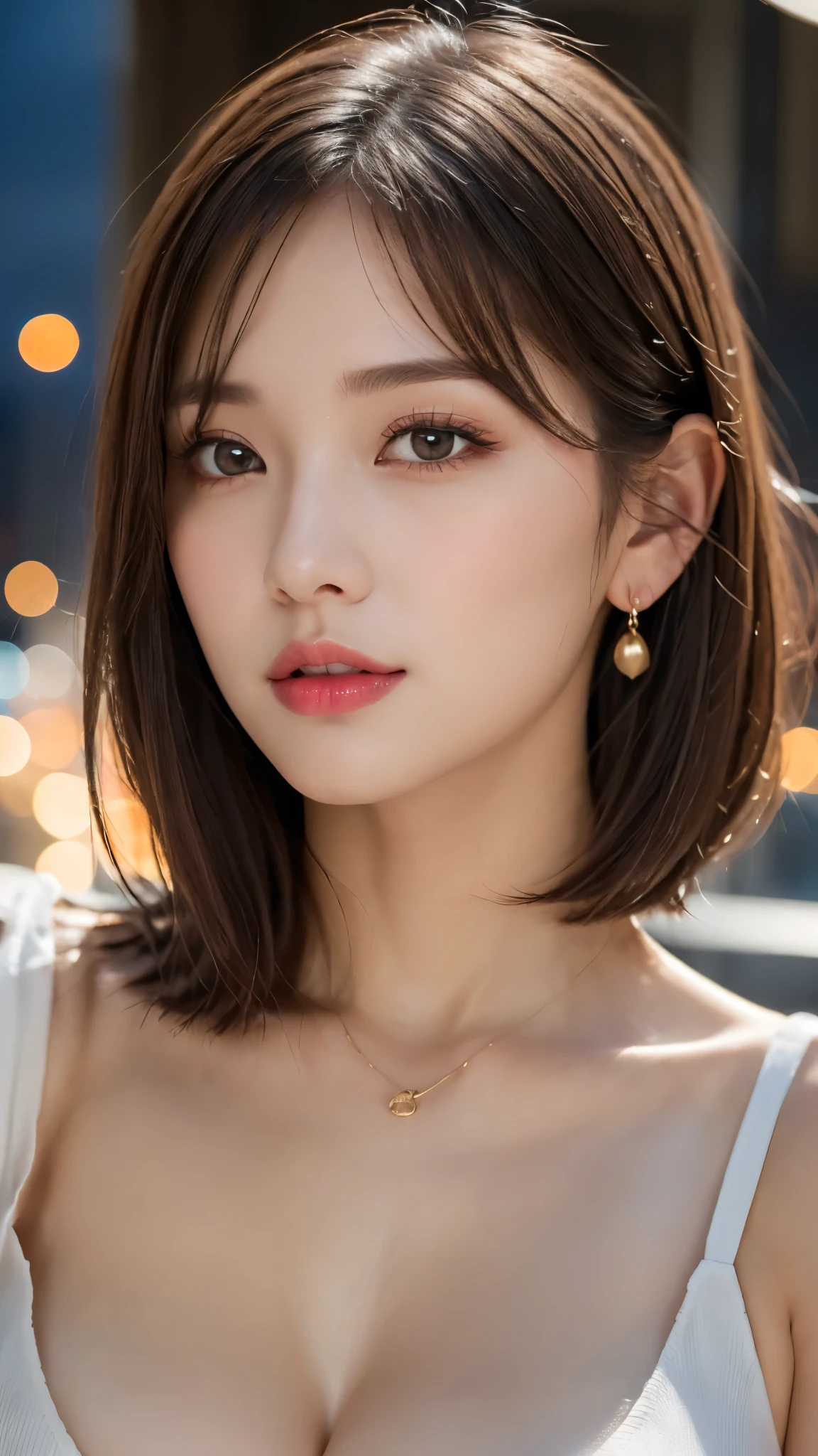 (Photorealistic, 32k, RAW photo, best quality:1.4), (masterpiece:1.3), (ultra high resolution, ultra realistic, highly detailed, golden ratio, ultra detailed), 1 beautiful woman, natural makeup, intricate cloth texture, finely detailed hair texture, beautiful full-body, perfect female form, anatomically accurate, highly detailed face and skin, (elegant hands), (realistic skin), (beautiful pale skin:1.1), (upper body, extreme close-up:1.8), (Oversized Breasts, generous cleavage1.3), (Wearing white Slip Dress:1.5), (Earrings, Pendant), 
BREAK,
realistic eyes, captivating detailed eyes, symmetric eyes, light brown eyes, double eyelids, thin eyebrows, (glossy lips:1.4), (face waiting for kiss, blush:1.3), 
BREAK,
((short bob cut, dark brown hair, bangs:1.2)), (Moonlit night, terrace:1.3)