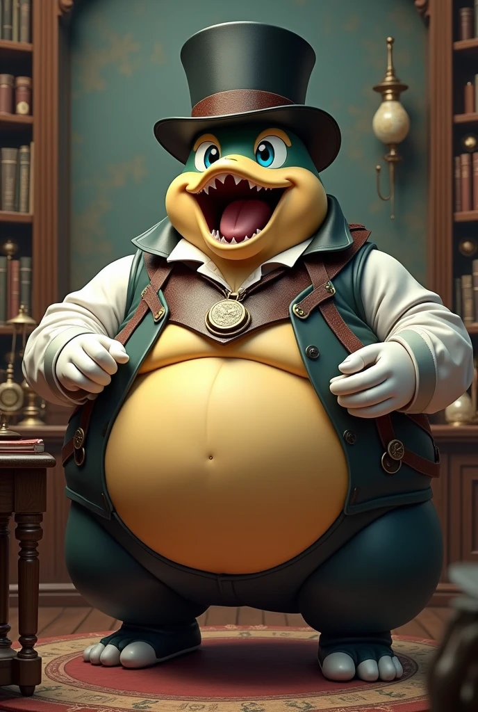 Typhlosion, leather collar, white rubber gloves on hands and feet, white spats on feet, fat, bulging belly, large belly, (high quality,4k,8k,highres,masterpiece:1.2),ultra-detailed,(realistic,photorealistic,photo-realistic:1.37), masterpiece,(intricate details), captivating artwork, artistically rendered, masterful strokes, attention to detail, tasteful composition, alluring charm, careful shading, great attention to anatomy, meticulous rendering, impeccable craftsmanship, vivid colors, perfect balance between realism and fantasy. Solo, Male, fat, squatting, extremely obese, gentleman, dapper Professor Typhlosion, bulging belly, large belly, blue eyes, (posing:1.3), (soft shading), 4k, hi res, ((detailed face, detailed)), looking at viewer, mouth wide open, steampunk, office, collared shirt with buttons, top hat, male focus, Explorer Outfit, glasses, monocle, vest with buttons, sleeves rolled up, round eyewear, brown headwear, brown vest, Typhlosion is wearing a glossy leather dog collar around the neck, Typhlosion is wearing the leather collar and shirt and vest at the same time, Typhlosion is wearing glossy white rubber gloves on the hands, wearing white rubber gloves on the feet, gloves are rubber in texture, clenching teeth, clenching fists, leather collar is glossy and shiny with a lot of detail, Typhlosion is wearing gloves and leather collar at the same time, leather collar has a round dog-tag, leather collar is thick and detailed.