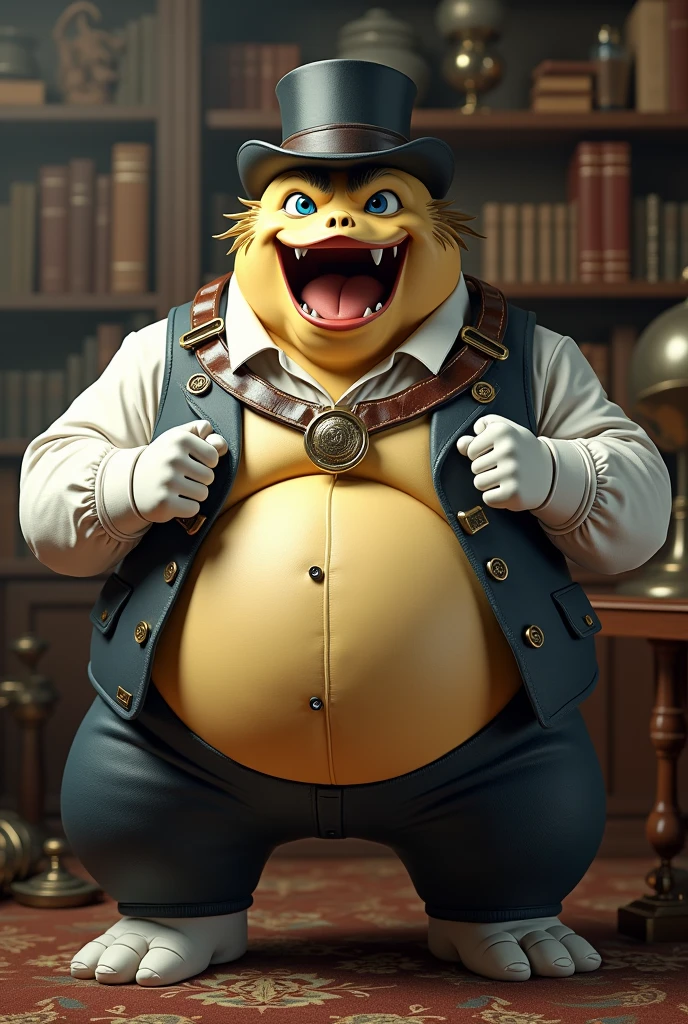 Typhlosion, leather collar, white rubber gloves on hands and feet, white spats on feet, fat, bulging belly, large belly, (high quality,4k,8k,highres,masterpiece:1.2),ultra-detailed,(realistic,photorealistic,photo-realistic:1.37), masterpiece,(intricate details), captivating artwork, artistically rendered, masterful strokes, attention to detail, tasteful composition, alluring charm, careful shading, great attention to anatomy, meticulous rendering, impeccable craftsmanship, vivid colors, perfect balance between realism and fantasy. Solo, Male, fat, squatting, extremely obese, gentleman, dapper Professor Typhlosion, bulging belly, large belly, blue eyes, (posing:1.3), (soft shading), 4k, hi res, ((detailed face, detailed)), looking at viewer, mouth wide open, steampunk, office, collared shirt with buttons, top hat, male focus, Explorer Outfit, glasses, monocle, vest with buttons, sleeves rolled up, round eyewear, brown headwear, brown vest, Typhlosion is wearing a glossy leather dog collar around the neck, Typhlosion is wearing the leather collar and shirt and vest at the same time, Typhlosion is wearing glossy white rubber gloves on the hands, wearing white rubber gloves on the feet, gloves are rubber in texture, clenching teeth, clenching fists, leather collar is glossy and shiny with a lot of detail, Typhlosion is wearing gloves and leather collar at the same time, leather collar has a round dog-tag, leather collar is thick and detailed.