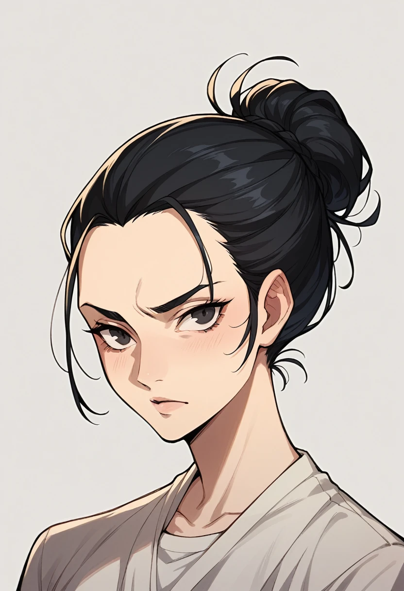middle aged adult woman with black hair up, bangss, neutral expression