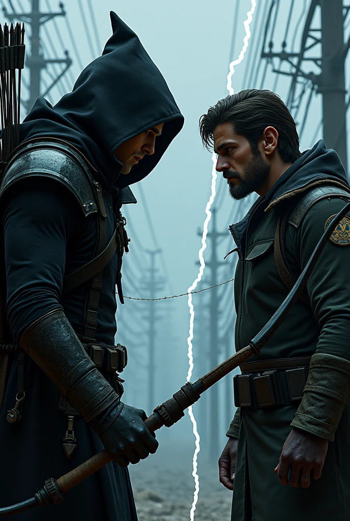 With the power cable crackling dangerously between them, both characters stop. Dark Arrow lowers his bow, and Hunter relaxes his posture, assessing the situation. They both know that continuing to fight could be fatal for both of them..