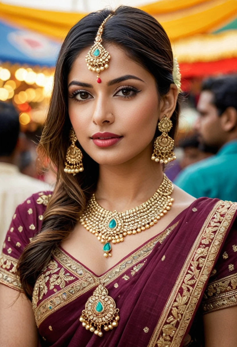 Big Anal Toy Big Pussy Lips A close-up from an over-the-shoulder angle of an Indian model wearing an elaborate gold necklace and earrings, paired with a richly embroidered saree. The background features a soft-focus image of a traditional Indian market, adding a dynamic cultural element to the composition. The image is photorealistic, hyper-realistic digital, high quality, 8K Ultra HD.
