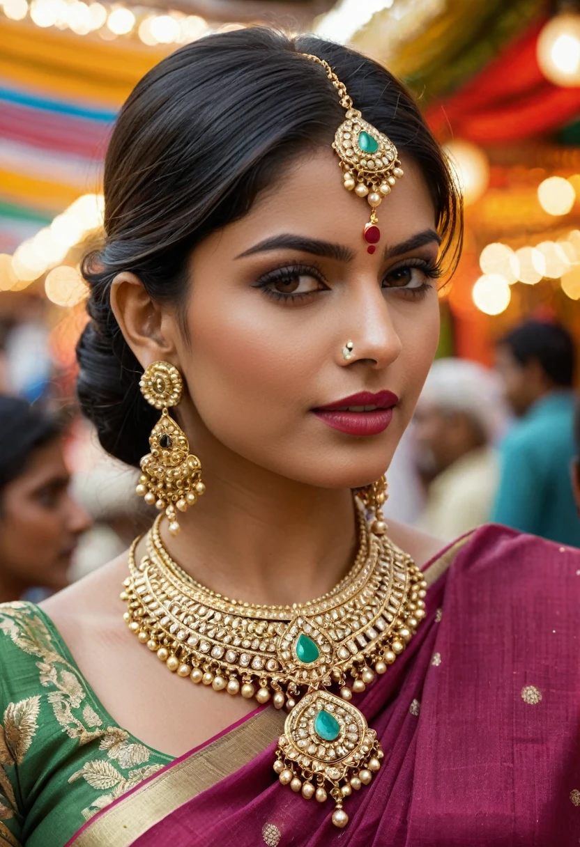 Big Anal Toy Big Pussy Lips A close-up from an over-the-shoulder angle of an Indian model wearing an elaborate gold necklace and earrings, paired with a richly embroidered saree. The background features a soft-focus image of a traditional Indian market, adding a dynamic cultural element to the composition. The image is photorealistic, hyper-realistic digital, high quality, 8K Ultra HD.