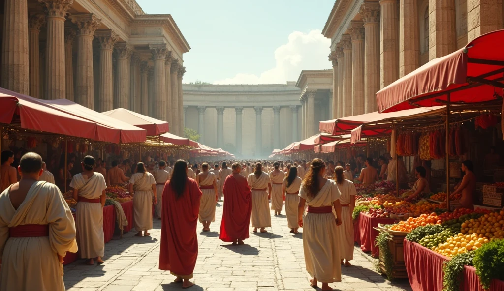 in ancient greece, greek city, ancient greek citizens, at the fair, with greek fruit stalls, cinematic, realistic, 4k