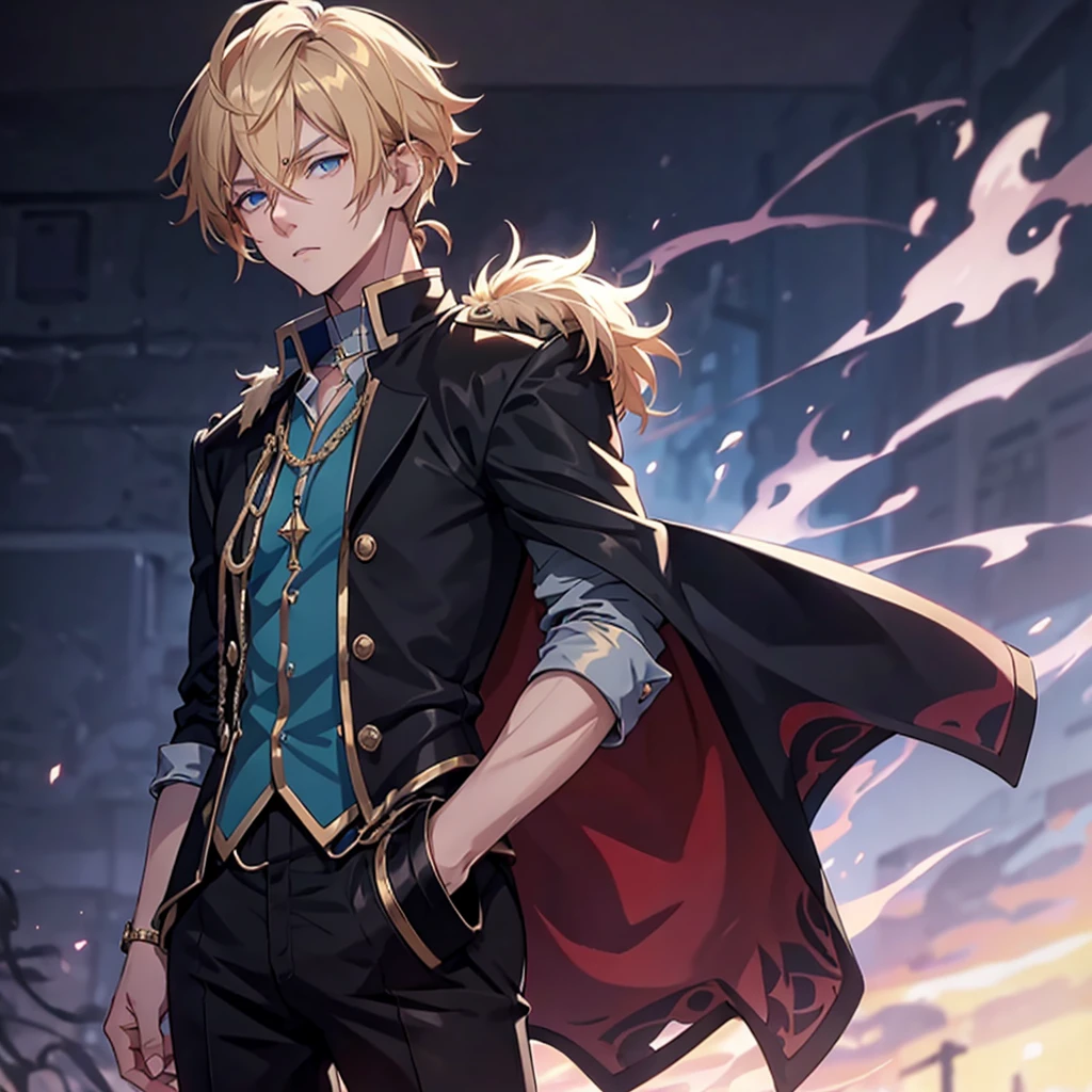 Anime attractive man, 20 year old, blonde hair, very very short ponytail, tall, muscular, solo, one person, light blue gold-accented, high-collared dress shirt with rolled up sleeves, black choker, dark blazer with gold lining and buttons unbuttoned with rolled up sleeves, long dark overcoat with a fur trim, rolled up sleeves, rolled up sleeves, rolled up sleeves, rolled up sleeves.