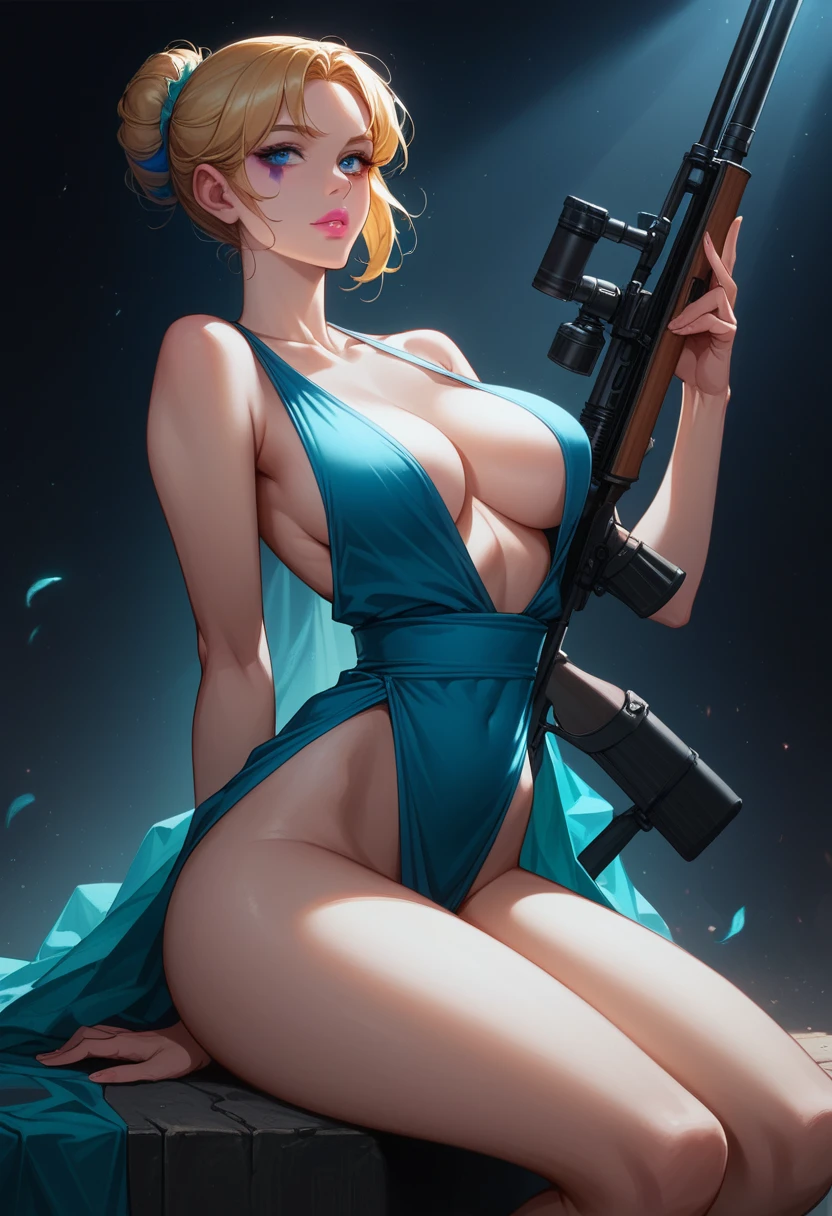  ((New Fighter Character Design for PUBG MOBILE, GIRL SNIPER GAME, Advanced sniper weapon, ghost color sniper rifle, complex composition without errors, high-quality UHD 18K resolution)), Dark background, studio lighting, epic pubg character, epic sniper princess, stunning beauty, pretty face with heavy makeup: Blue eyes, pink lips, big breasts, big bouncy tits, slender bare waist, rainbow color outfit, bare shoulders and waist, open chest, big buttocks, thick thighs, bare legs, bare legs intertwined in show-stopping pose, show seduction and experience, confidence, sexy realistic composition