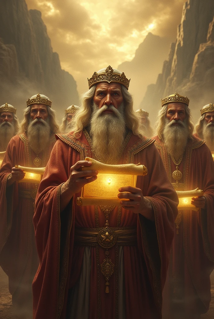 create a cinematic image of prophets from biblical times in priestly vestments holding glowing golden scrolls in the scene I also want figures in the background that have to do with apocalyptic biblical prophecies of Daniel Ezekiel Isaiah
