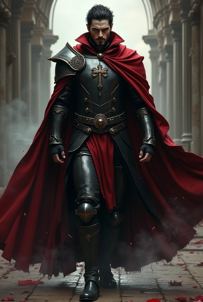 An incredibly handsome and masculine toreador vampire, he is greek and he is a knight templar, He is a 5th generation vampire therefore very powerful, he has a beautiful crucifix that is always with him and a cape