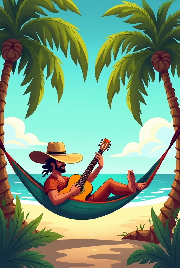 A guajiro lying in a hammock tied to two palm trees and the man's face cannot be seen as it is covered by a turned-up hat. (typical hat of colombia) and plays guitar in cartoon