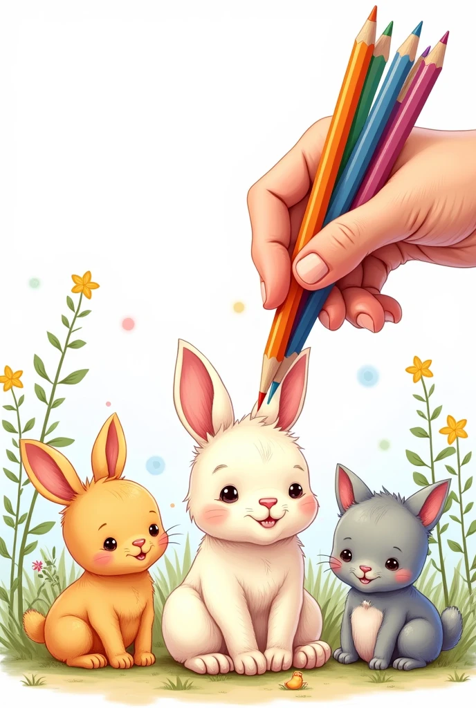 Hand holding coloring pencils and coloring a picture with baby animals for a coloring book cover, with animals of various types