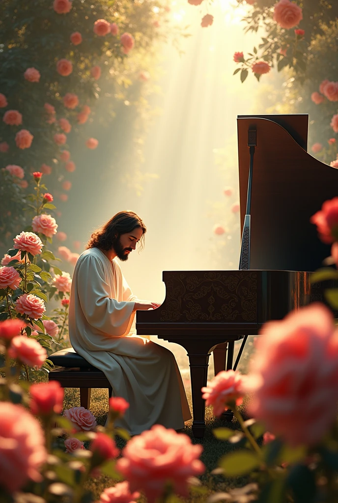 Jesus playing the piano in the middle of a rose plantation 