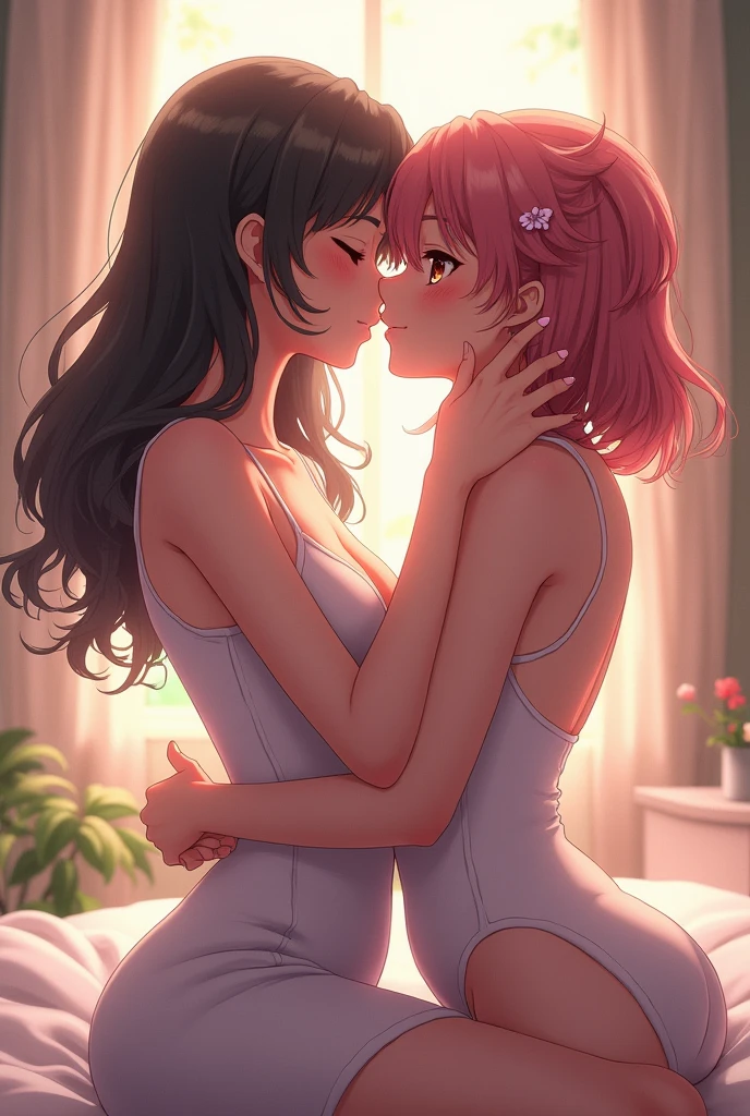 anime women kissing and touching each other