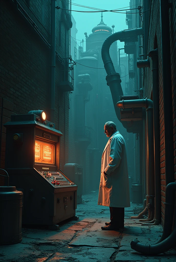 scene: Un callejón oscuro con el villano DR. Salty next to a sugar sucking machine.
Characters: DR. Salty (Evil scientist in a white coat with an evil smile) operating a machine with a large pipe.
Text: "Ready, This city will be completely tasteless