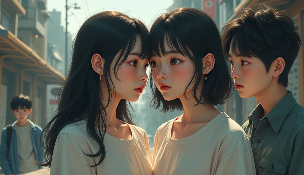 two girls,one is chubby, exchanging their souls and body ,shocked expression on face,a korean handsome boy is watching them,