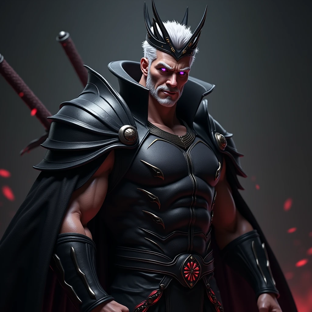 1 white haired man, naked, silver hair, purple eyes, muscular, rey, black and red crown, sword, black armor, short hair, mischievous, naughty face, hard look, Choking smile, Crazy smile, jealous, evil smile, textured skin, Very detailed, retina, high quality, quality, details altos, HD Model, Damaged, detail, The best quality, Awarded many times, necessary, High resolution, masterpiece, anatomically correct,