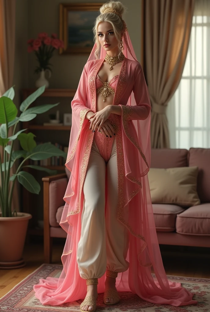 
mature female, (full body:1.3), standing, hands together, eyeliner, (blonde hair updo), head veil, wearing pink genie giab_1, tiny crop top shirt, tiny red crop vest, sheer chiffon harem pants with elastic cuffs, genie slippers, gold embroidery, hat, (living room background)