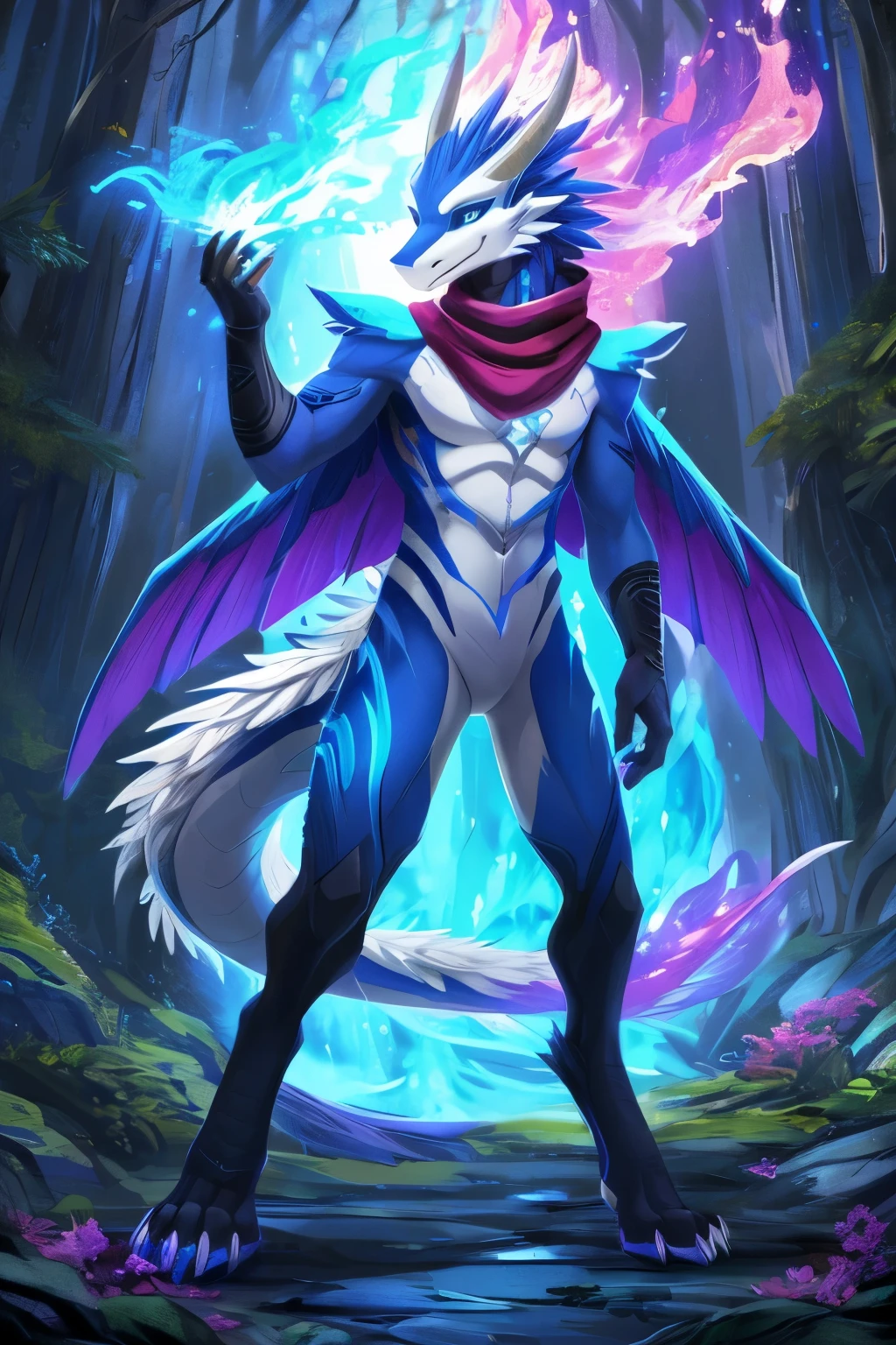 (anime), (front facing), (looking at the camera), slim furry white dragon using fire magic, blue secondary body color, (black, magenta and blue complimentary colors), spikes, very long muzzle, neck and tail fur, digitigrade, creative horns, feathers, dark gradient, (wearing only a scarf), body markings, nature background, full body