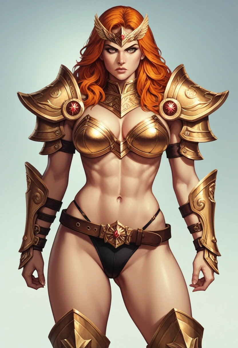 Detailed face, detailed eyes, detailed lips, 1girl, orange hair, golden valkyrie headpiece, golden bikini armor, golden shoulder armors, golden bracers, black underwear, big brown belt, golden thigh-high boots, armor boots, golden battle axes, serious expression