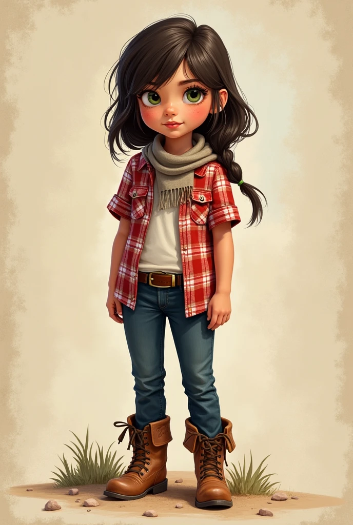 A drawing of a little Brazilian girl with fair skin with a slight pinkish tone, greeneyes, with dark brown hair, in a western, wearing a red and white plaid shirt with short sleeves, a dark blue pants, brown boots and a scarf tied around his neck