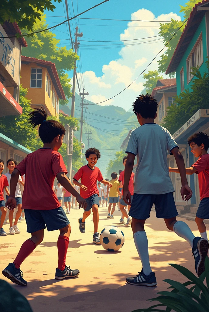 I wanted some art to announce an event calling "forest challenge" with the scenario of futsal inside the favela, with children admiring and lots of football, with very pretty colors, preferably red, white and black Write challenge review with realistic image 