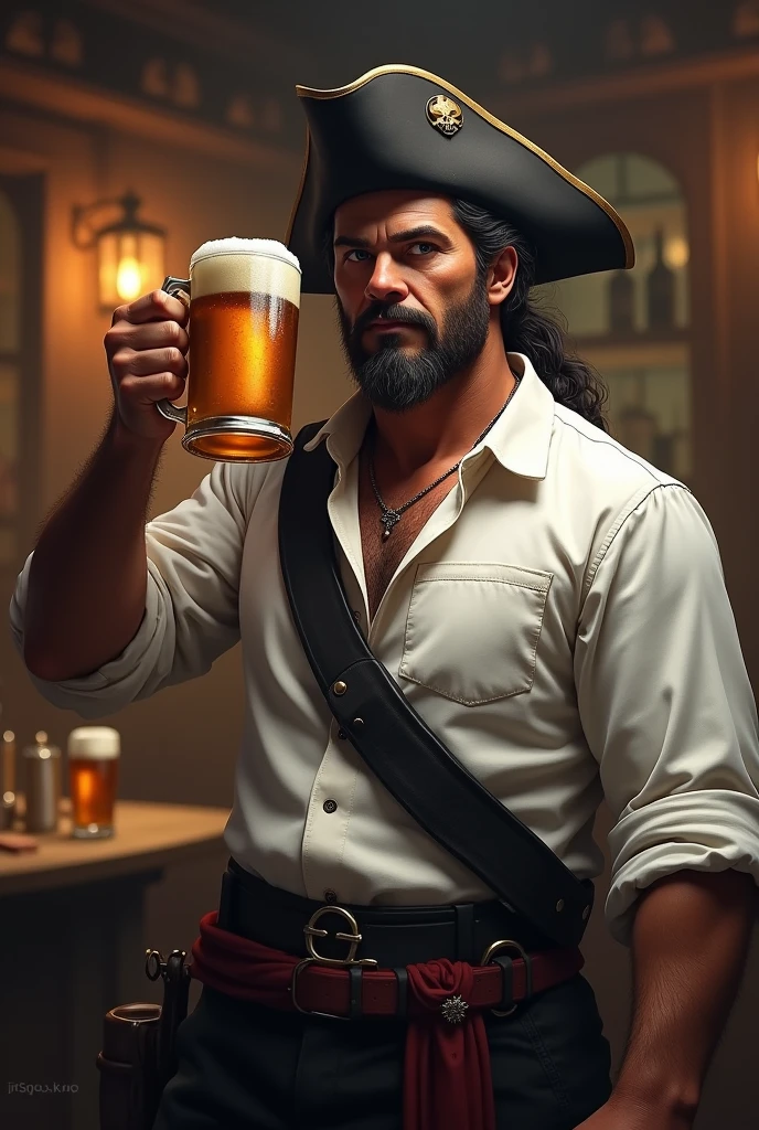 Pirate wearing a white shirt with a black cross stripe drinking beer