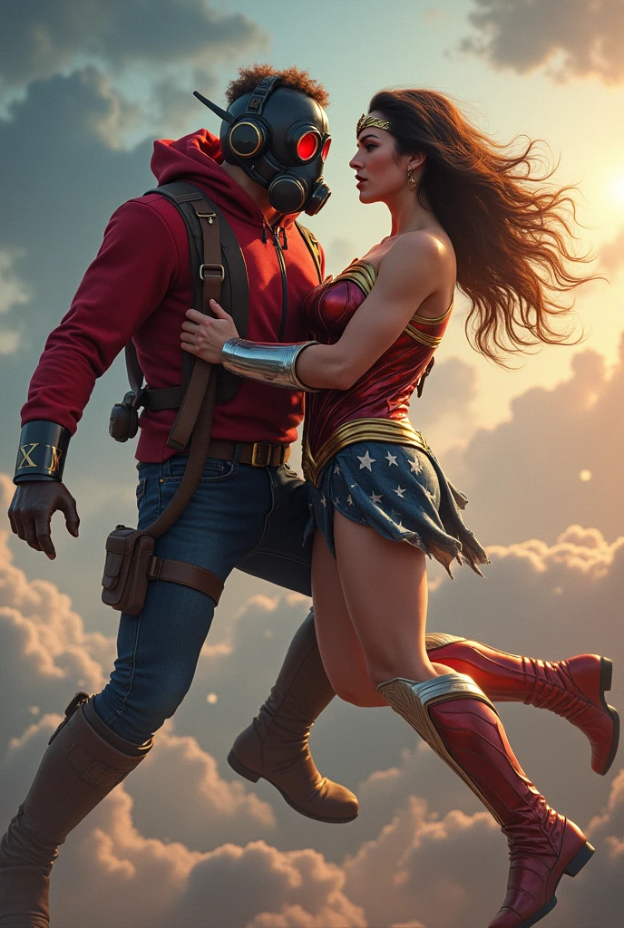 Young Star-lord with red hoodie, headphones, star-lord helmet on head, gas helmet, covered mouth, round red eyes, Red eyes, magic rings in the hands and rocket boots, Vs. Wonder woman (Big tits), Fighting, power, fiction, full body, 2 person, magic lasso, flying in the sky, hight, fall, touching breasts