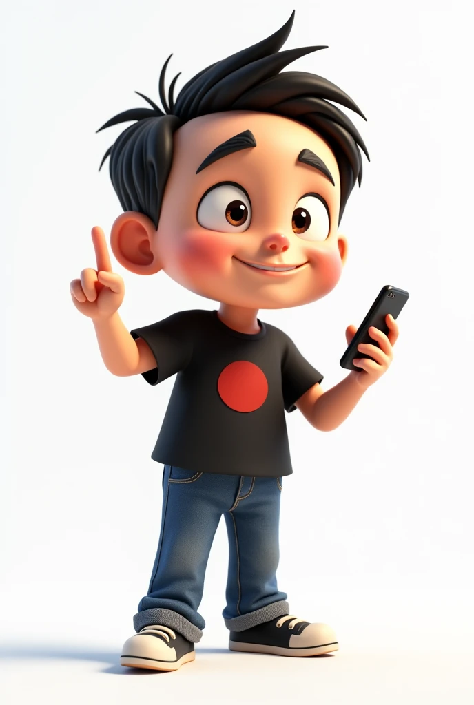 Create a Disney Pixar style character in a white setting a white man,Round face, narigudo, with thick eyebrows, the short hair down, short in stature, wearing a black t-shirt with a red circle on the left chest and jeans, with one hand holding a cell phone and the other pointing upwards