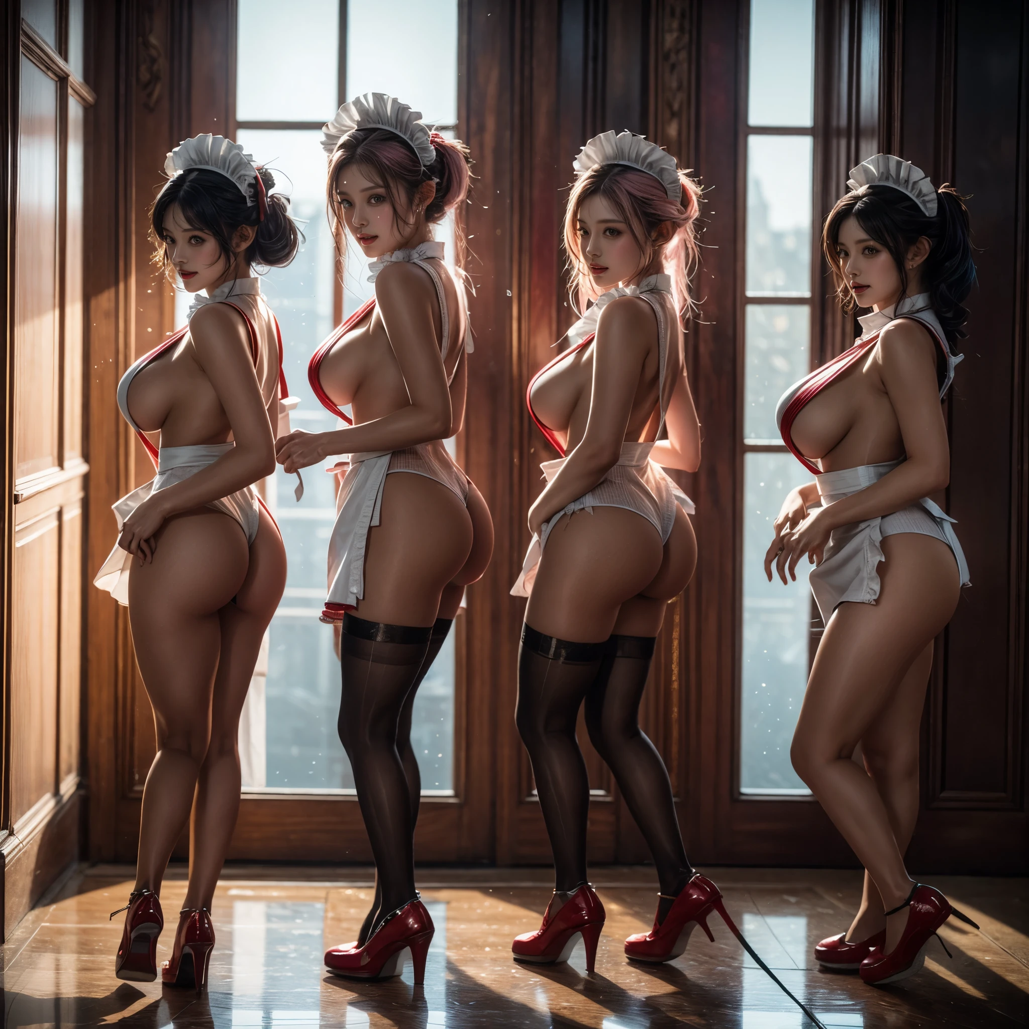(Full Body of Extremely Detailed((Sexy Maid Group in a row:1.37))), KAWAII perfect face with Reflective Eyes, Detailed(Delicate Clothing textures), Correct Graceful Legs, Dynamic Joyful Expressions LifeLike Rendering, Specular Reflection, TopQuality 8K Ultra-detailed masterpiece (ProfessionalPhoto:1.37), (Acutance:0.8), (Luminism:1.28), Renaissance art style, Colorful Light particles, (Full body from side) {MicroMini Skirt|Kissing Face to Face|Thigh Gap|Cute Peach AssFocus|(NakedApron with (Overflowing Sideboob))}, Radiant Fine Skin with Transparency, (Exposed:0.4) {Pink Hair|LightBlue Hair|Blonde|Pure White Hair|Liquid Hair|Red Shoes}, Perfect Lighting