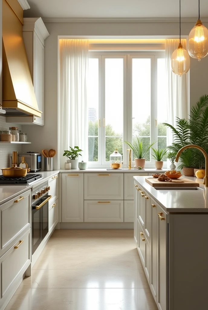 My ideal kitchen has many white and gold appliances; with a microwave, a hybrid gas and electric stove, a deep fryer, a double oven, ninja brand blender, a sandwich maker, a large refrigerator, and a toaster.
I imagine the walls of white cream and gray colors and in the furniture.
It has many bright warm color lights.
Most of the utensils are gold with white and the pans are the same color.
This kitchen has spacious cupboards, dishwashers, a white metal dustbin.
I imagine with jasmine incenses all over the kitchen, it has two large windows where a lot of light enters, with real plants of Common Fern in front of each window, one of them is in front of the dishwasher and the other in front of the stove, they have white curtains.