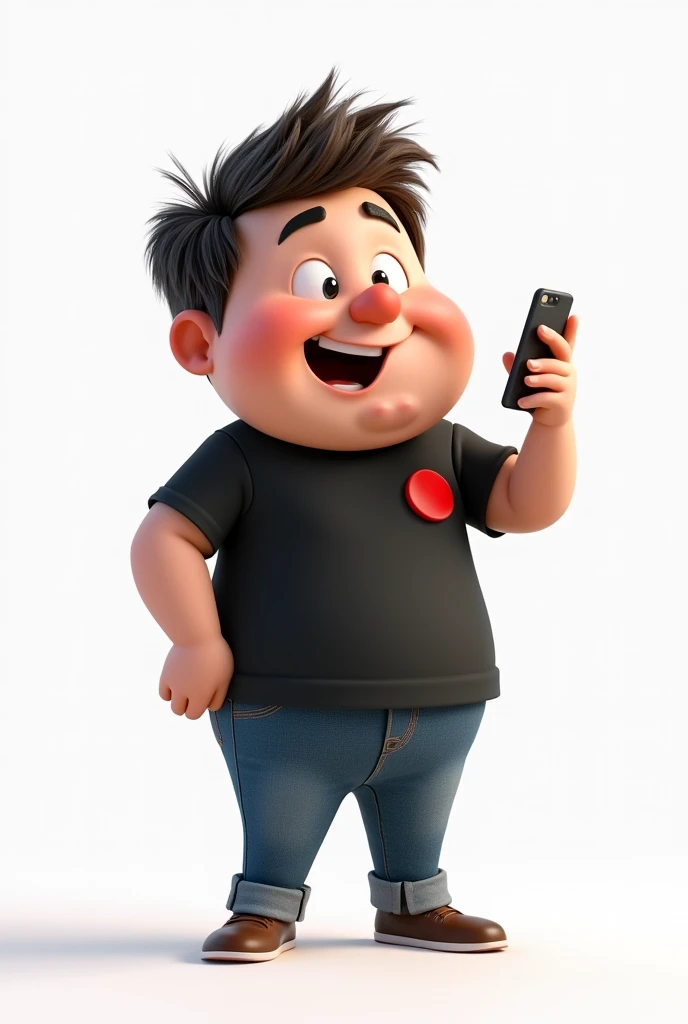 Create a Disney Pixar style character in a white setting a white man,Round face, narigudo, with thick eyebrows, the short hair down, short in stature, wearing a black t-shirt with a red circle on the left chest and jeans, with one hand holding a cell phone and the other pointing upwards