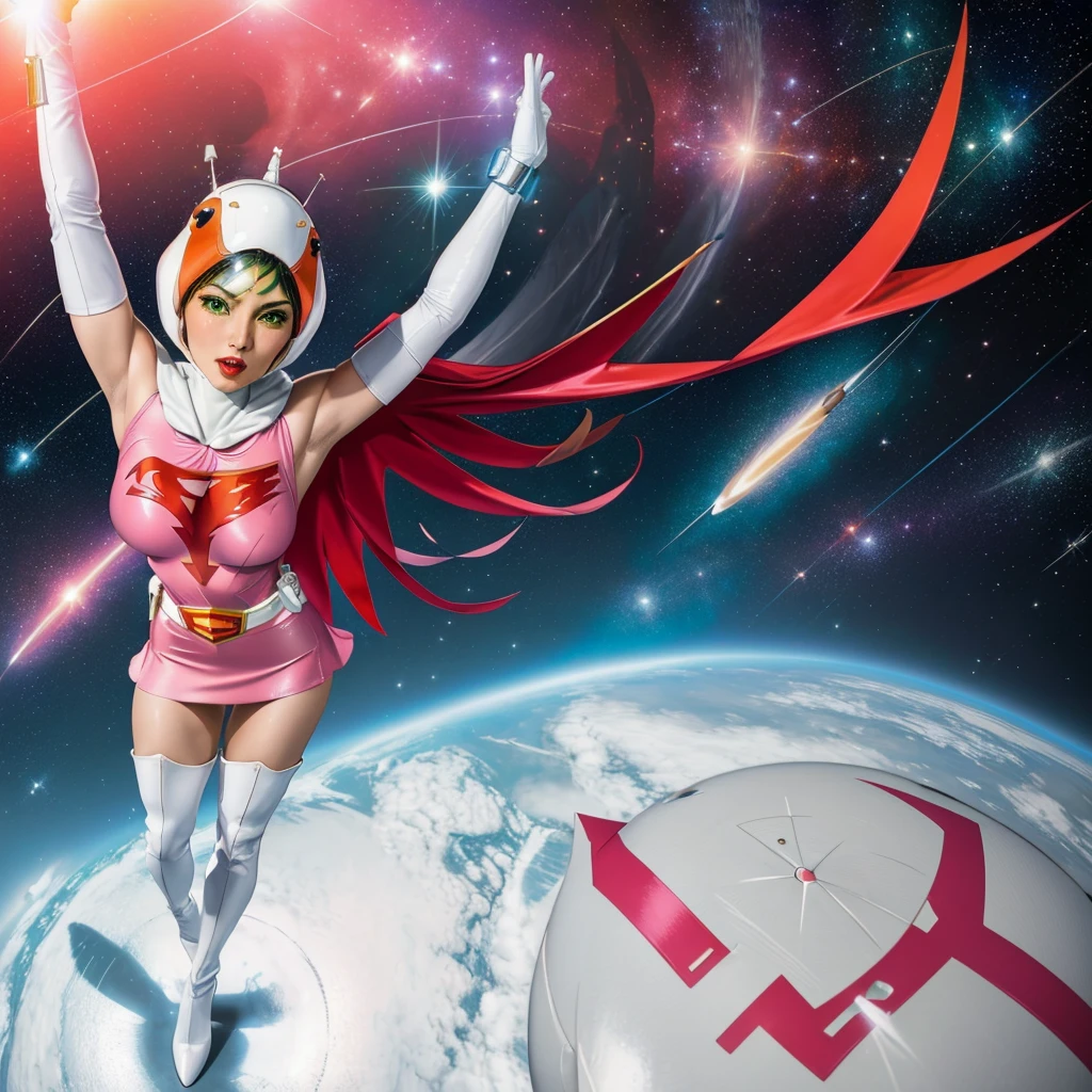 ANI_CLASSIC_jun_gatchaman_ownwaifu,1girl, ,good anatomy, masterpiece, best quality,realistic, hyperrealistic, 16k hdr,breasts,green eyes,lips,large breasts,lipstick,makeup,gloves,cape,helmet,belt,elbow gloves,white gloves,mask,ultra miniskirt,leotard,spacesuit,white tight overknee highheels boots,pink dress,superhero,bodysuit,cleavage,erected nipples,((standing pose,spread legs, arms up straight)),cameltoe