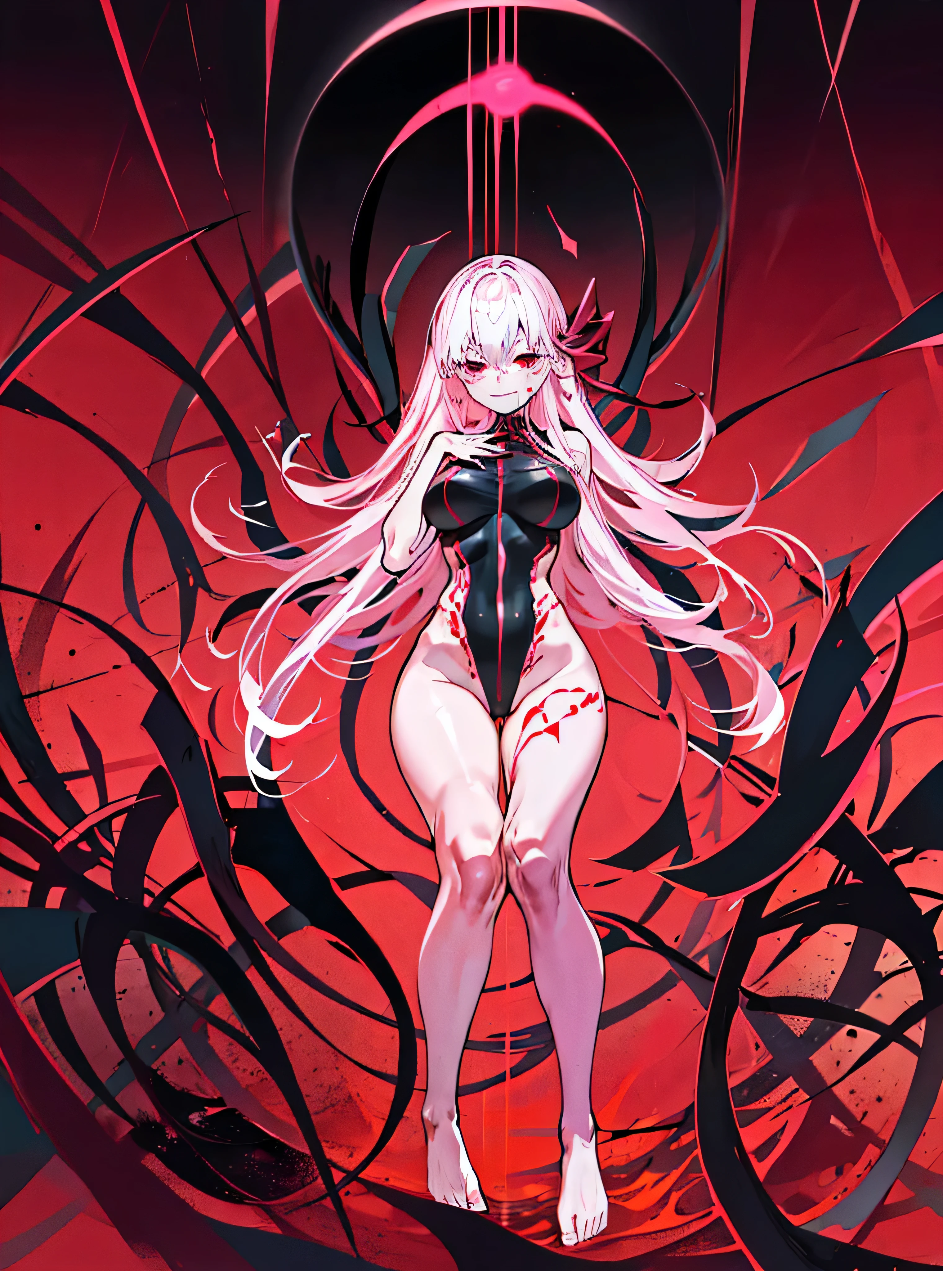 Black full body suit Red lines all over the body Girl Attractions Laughter barefoot,Embodiment of evil,black and pink background,looking down at viewer,looking at view,look down,most evil smirk,two hands,Two legs,five fingers,