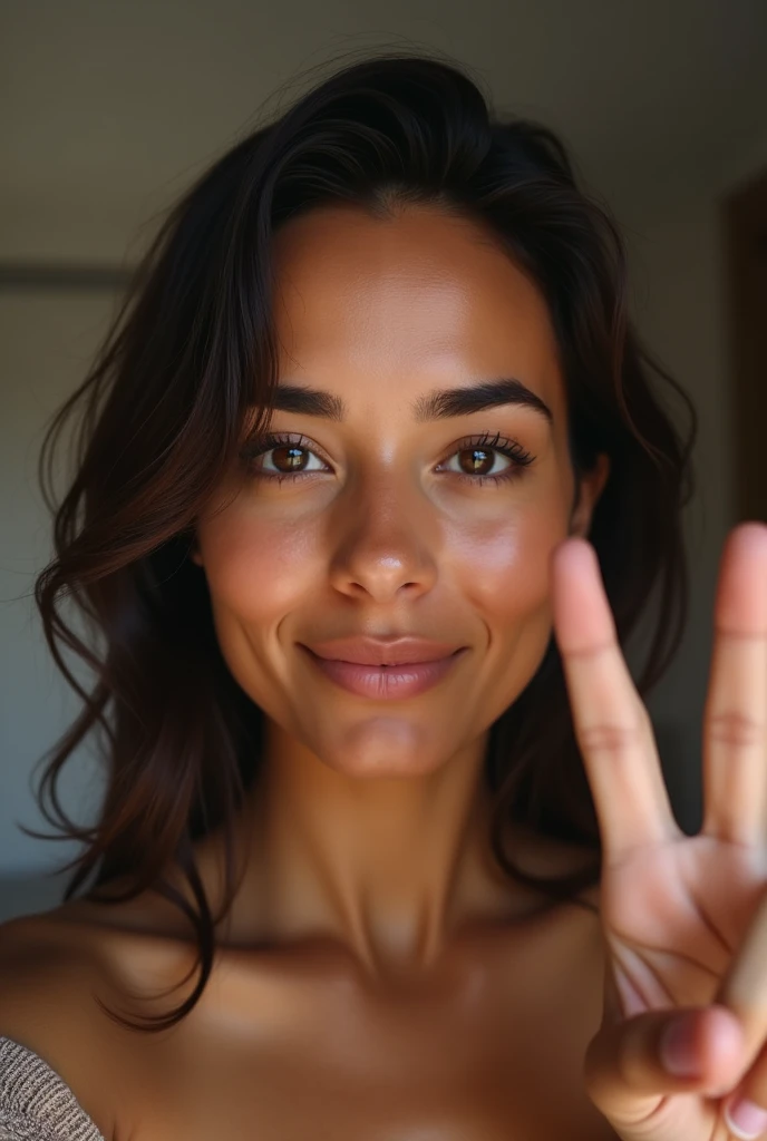  brunette and black latina at home making peace and love sign with hand, darkskin, Selfie, slim, with just one hand the signal