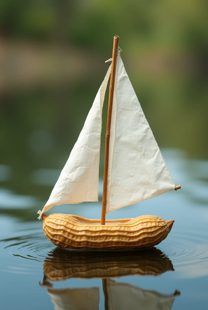 A sailing boat made with a peanut and napkins 