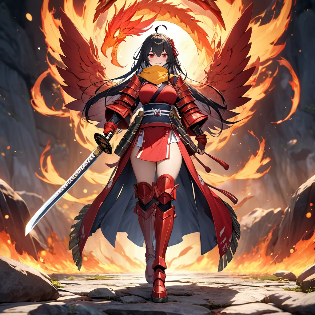 A woman wearing red heavy samurai armor, with metal boots, red bracelet, long black hair, with golden scarf in her hair, holding an unsheathed katana, glowing red eyes, sadistic smile, with a large phoenix of fire behind, walking on a rock platform,ahoge, long black hair, (Azur_lane, IJN_Taihou) with a sadistic look, full body.,HDR, ultra resolution, well defined, masterpiece, 8K HD. (solo woman)UHD , prime work , accurate , anatomically correct , textured skin , super details , high quality , best quality, 8k, high resolution, bokeh effect. (woman solo), close view.
