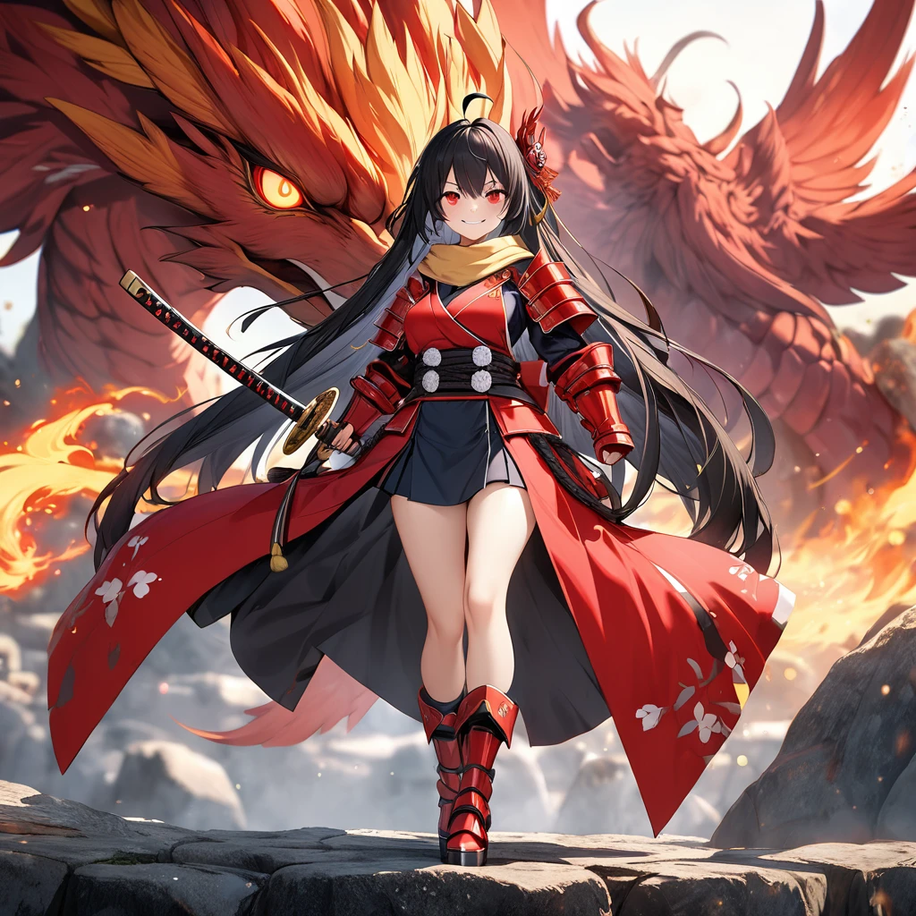A woman wearing red heavy samurai armor, with metal boots, red bracelet, long black hair, with golden scarf in her hair, holding an unsheathed katana, glowing red eyes, sadistic smile, with a large phoenix of fire behind, walking on a rock platform,ahoge, long black hair, (Azur_lane, IJN_Taihou) with a sadistic look, full body.,HDR, ultra resolution, well defined, masterpiece, 8K HD. (solo woman)UHD , prime work , accurate , anatomically correct , textured skin , super details , high quality , best quality, 8k, high resolution, bokeh effect. (woman solo), close view.