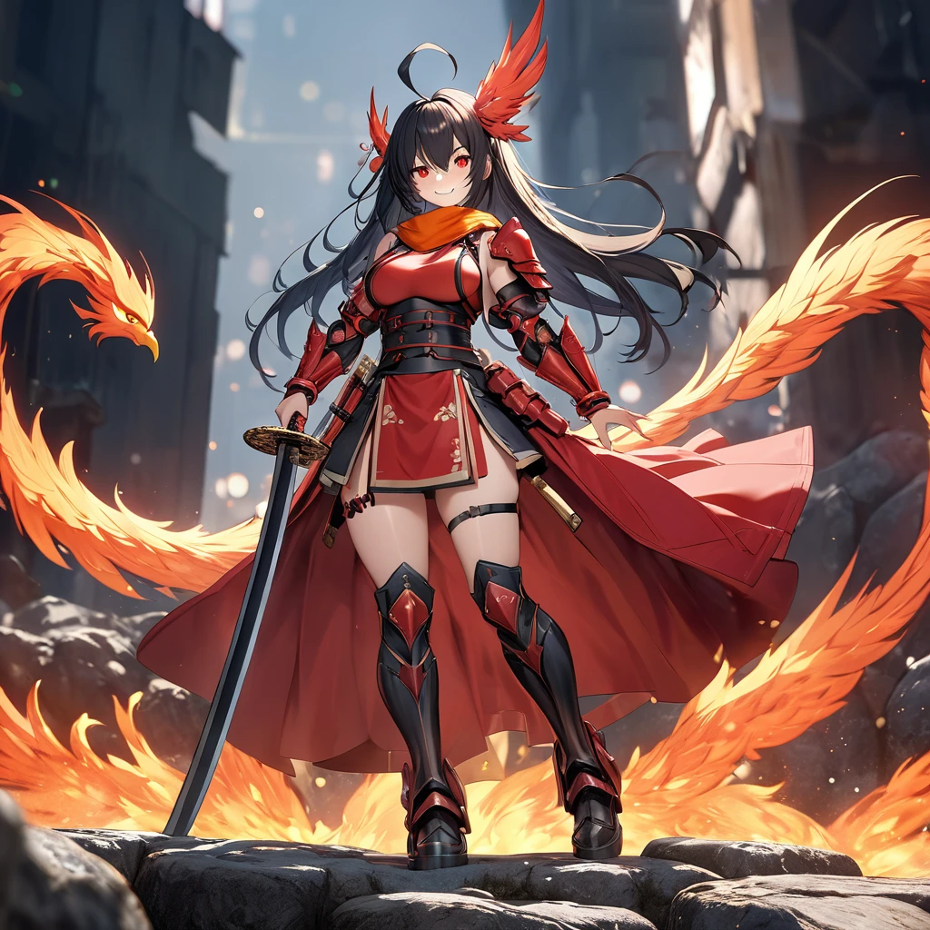 A woman wearing red heavy samurai armor, with metal boots, red bracelet, long black hair, with golden scarf in her hair, holding an unsheathed katana, glowing red eyes, sadistic smile, with a large phoenix of fire behind, walking on a rock platform,ahoge, long black hair, (Azur_lane, IJN_Taihou) with a sadistic look, full body.,HDR, ultra resolution, well defined, masterpiece, 8K HD. (solo woman)UHD , prime work , accurate , anatomically correct , textured skin , super details , high quality , best quality, 8k, high resolution, bokeh effect. (woman solo), close view.
