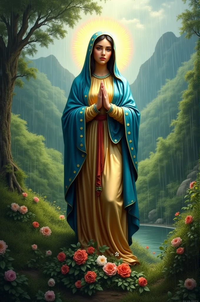 Virgin of Guadalupe and rain the landscape