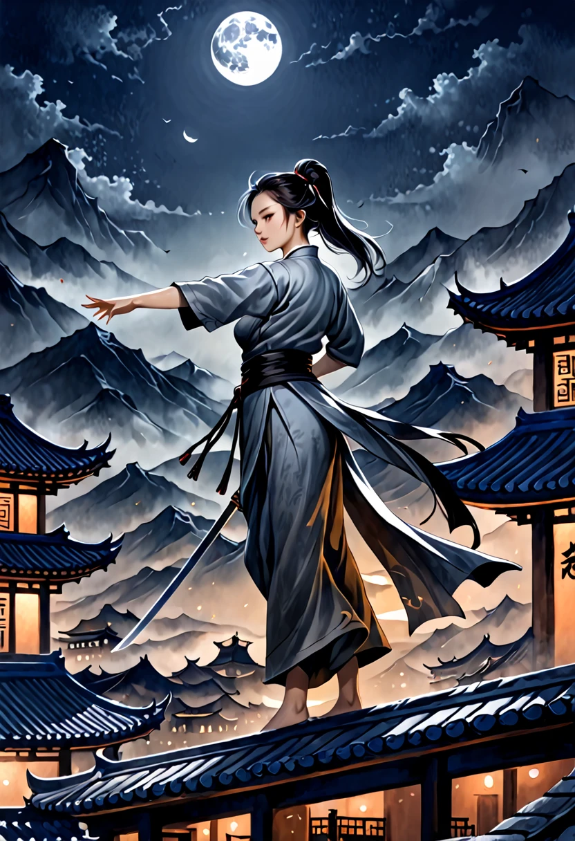 (((best quality))),(((ultra detailed))),(((masterpiece))),illustration,1man,1woman,swordsman,woman warrior,traditional Chinese clothing,standing,ink style,martial arts,pose,rooftop,moonlight,night,background,ancient Chinese architecture,misty mountains,silhouette,serenity --ar 16:9