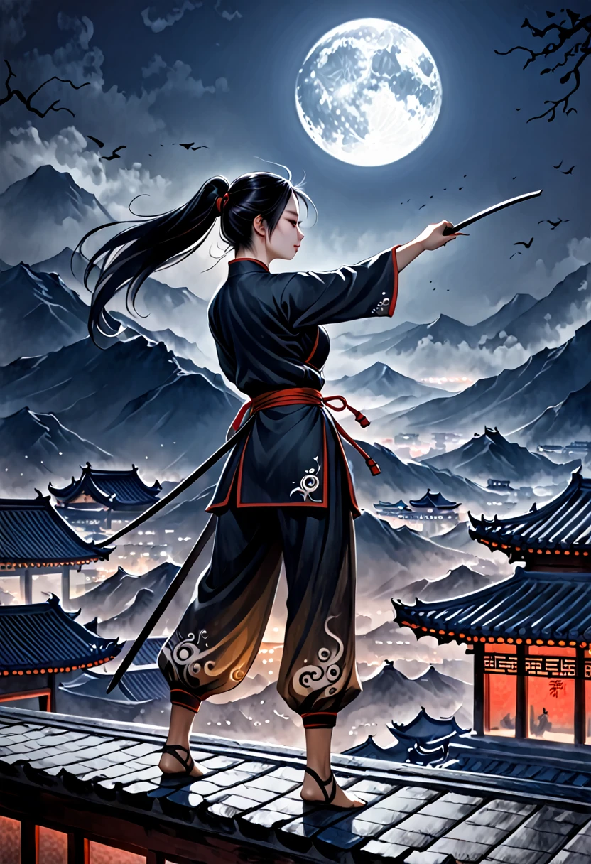 (((best quality))),(((ultra detailed))),(((masterpiece))),illustration,1man,1woman,swordsman,woman warrior,traditional Chinese clothing,standing,ink style,martial arts,pose,rooftop,moonlight,night,background,ancient Chinese architecture,misty mountains,silhouette,serenity --ar 16:9