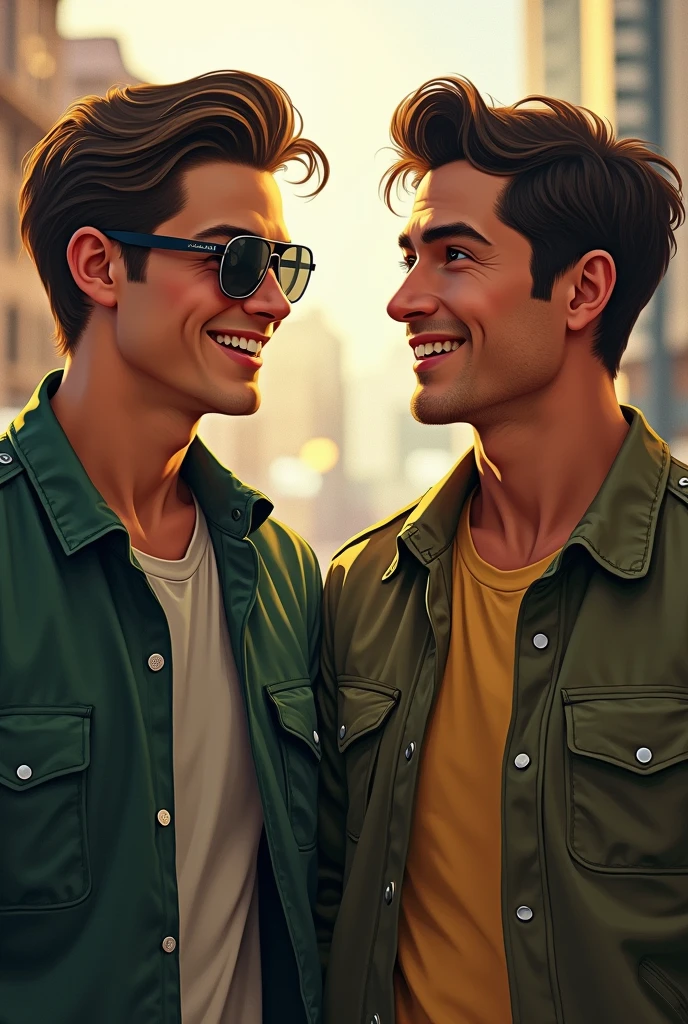make an 1 boy, aviator sunglasses, green jacket, hair combed to the side and on the side of it make a 2 young man, with an appearance reminiscent of actor Jake Gyllenhaal. Your skin is slightly brown, and he is of average height with a standard physique, result of manual labor that shaped his strength and endurance. Her hair is slightly long. both are talking and smiling like brothers