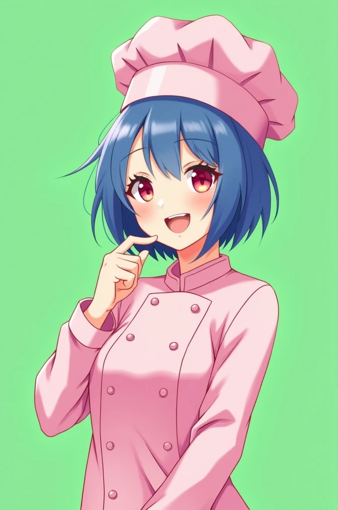 Female chef between 18 and 20 years old, with a pink long-sleeved uniform and a chef's hat of the same color, 2D anime style with pastel colors, short blue hair, Red eyes ,with a happy expression, on a completely green and flat background