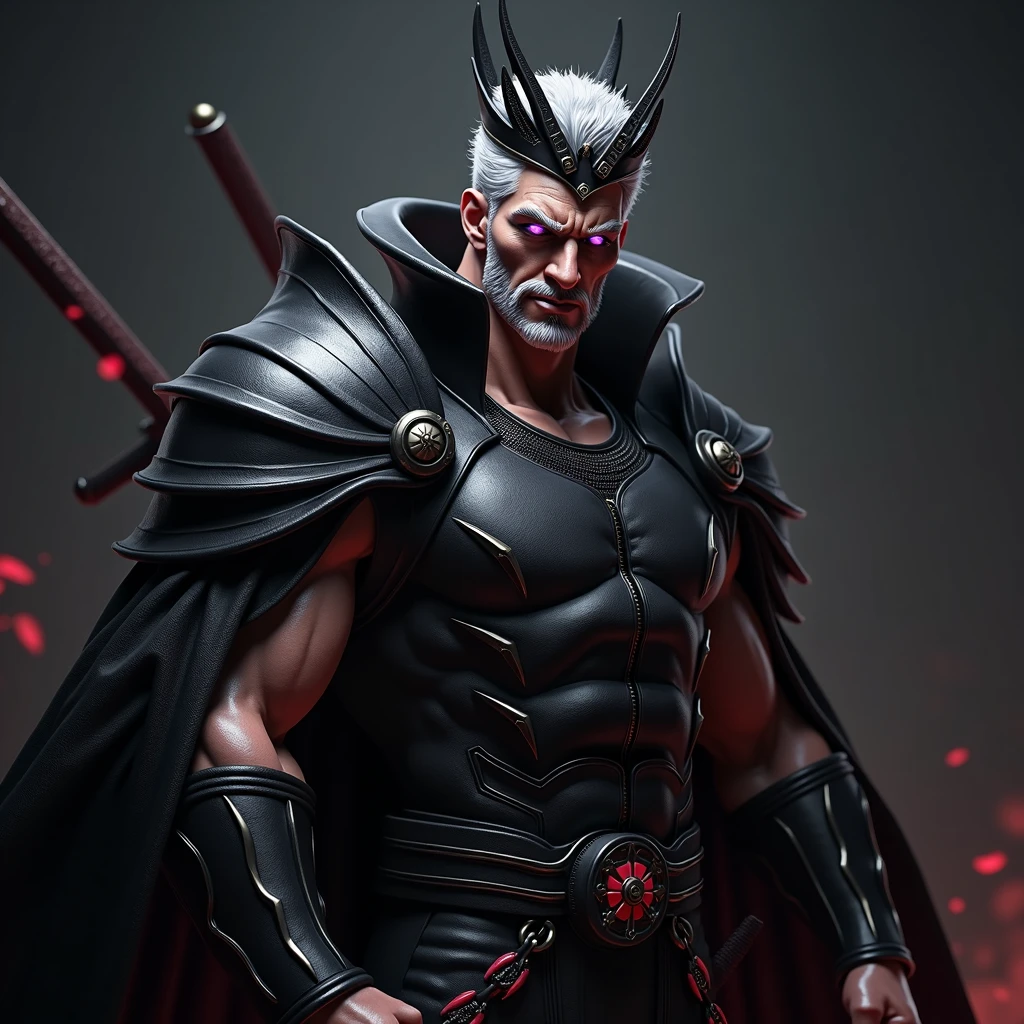 1 white haired man, naked, silver hair, purple eyes, muscular, rey, black and red crown, sword, black armor, short hair, mischievous, naughty face, hard look, Choking smile, Crazy smile, jealous, evil smile, textured skin, Very detailed, retina, high quality, quality, details altos, HD Model, Damaged, detail, The best quality, Awarded many times, necessary, High resolution, masterpiece, anatomically correct,