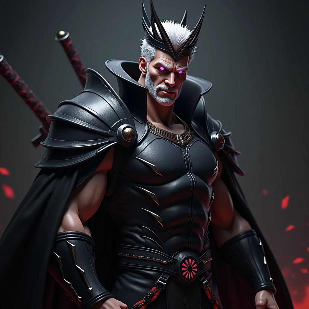 1 white haired man, naked, silver hair, purple eyes, muscular, rey, black and red crown, sword, black armor, short hair, mischievous, naughty face, hard look, Choking smile, Crazy smile, jealous, evil smile, textured skin, Very detailed, retina, high quality, quality, details altos, HD Model, Damaged, detail, The best quality, Awarded many times, necessary, High resolution, masterpiece, anatomically correct, 